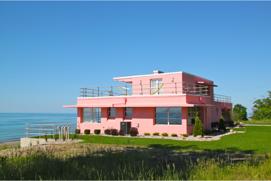 Pink Art Deco Century of Progress home overlooking Lake Michigan at Indiana Dunes National Park.