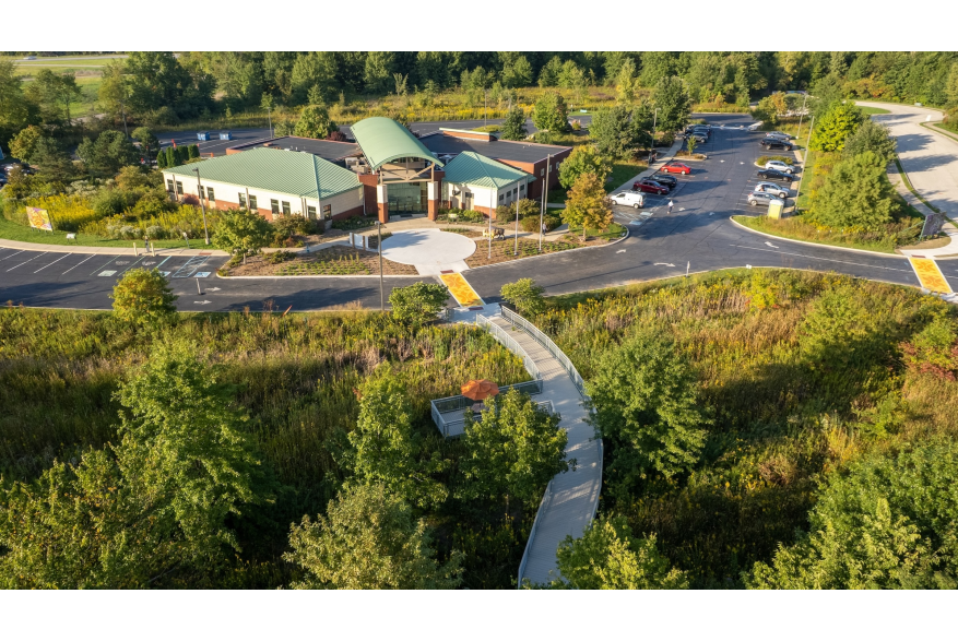 An aerial view of the Indigenous Cultural Trail at the Indiana Dunes Visitor Center.