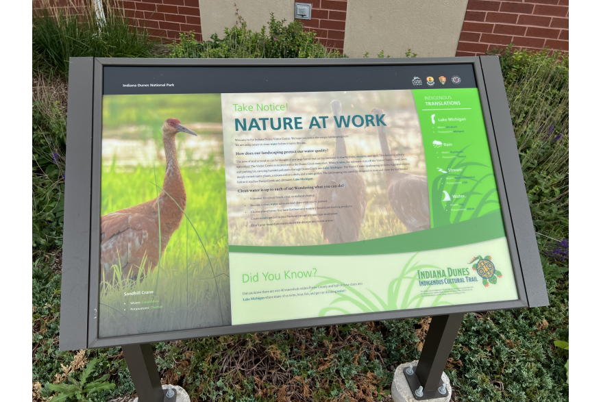 An informational sign about "Nature At Work" with a sandhill crane picture