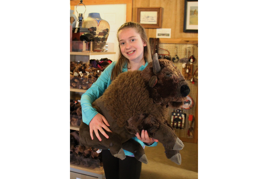 A young girl in a turquoise shirt holds a large bison stuffed animal