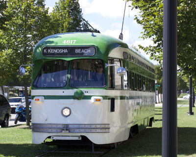 Electric streetcar traveling through downtown Kenosha Wisconsin