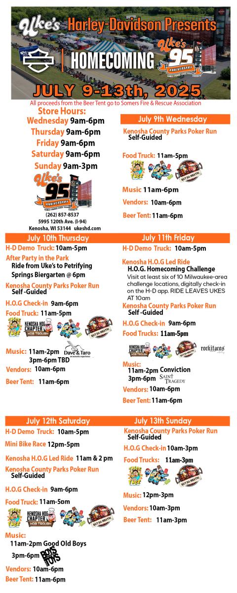 2025 Homecoming schedule at Uke's Harley-Davidson in Kenosha, Wisconsin