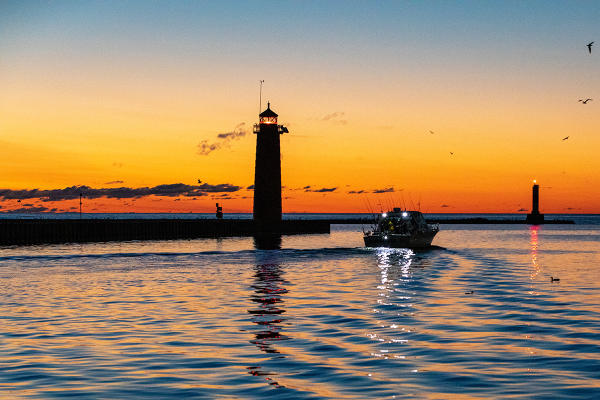 charter fishing in early morning in Kenosha, Wisconsin