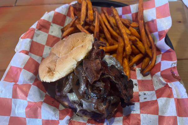 Greasy Garage Burger with Sweet Potato Fries at The Garage