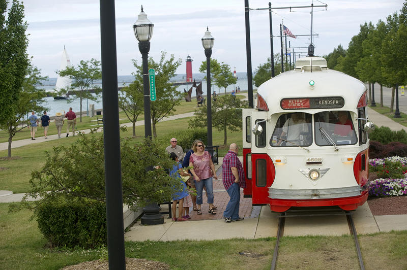 Electric Streetcar along the harbor in HarborPark
