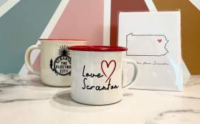 Mugs and a card with Scranton design from Noteology in Scranton, PA