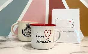 Mugs and a card with Scranton design from Noteology in Scranton, PA