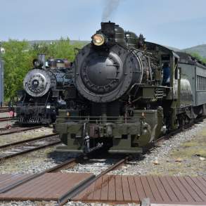 Two historic steam locomotives at Steamtown National Historic Site in Scranton, PA surrounded by tracks and greenery.
