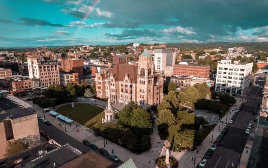 An aerial view of the Lackawanna County Courthouse Square in Downtown Scranton, PA