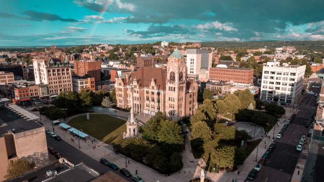 An aerial view of the Lackawanna County Courthouse Square in Downtown Scranton, PA
