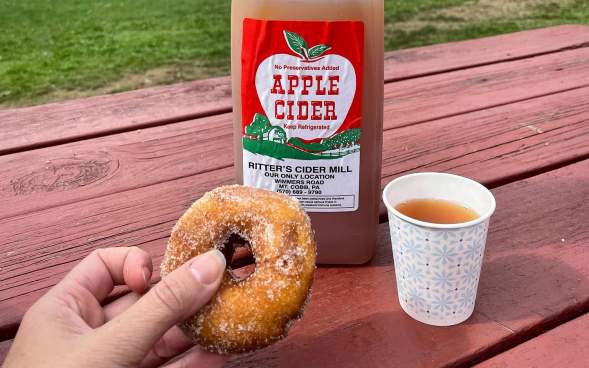 Doughnut and apple cider at Ritter's Cider Mill
