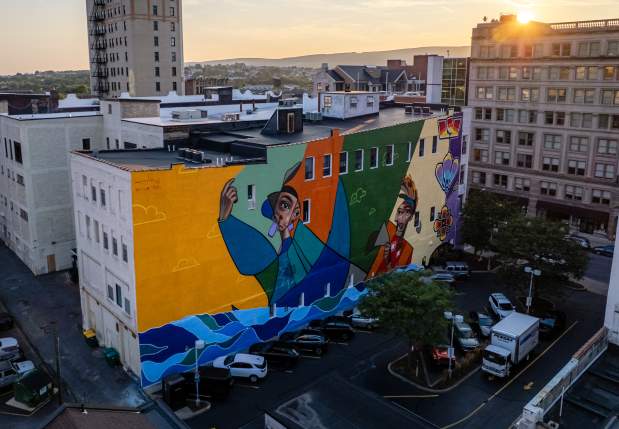 An aerial photo of the Remembrance and Continuance: The Lenape Story in Scranton mural in Downtown Scranton