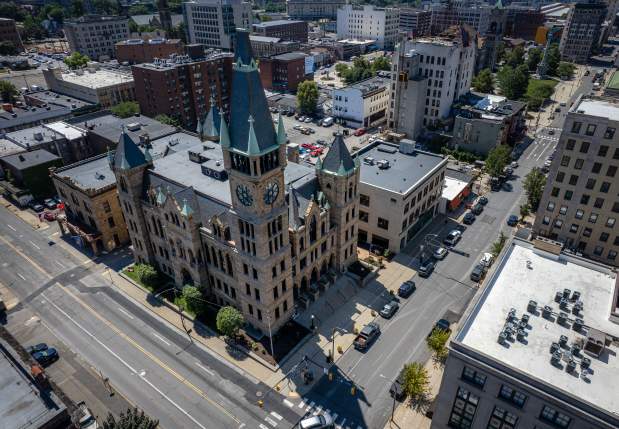 An aerial shot of Scranton City Hall in Downtown Scranton, PA