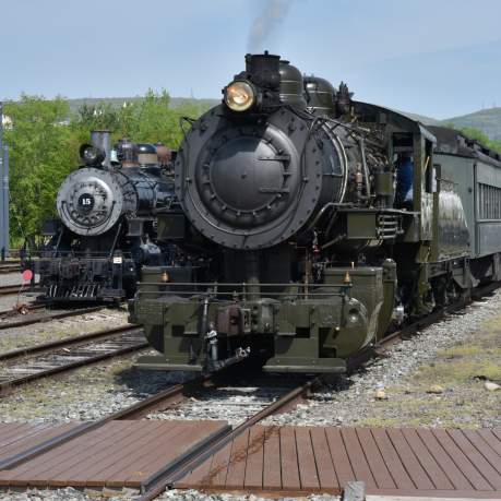 Two historic steam locomotives at Steamtown National Historic Site in Scranton, PA surrounded by tracks and greenery.