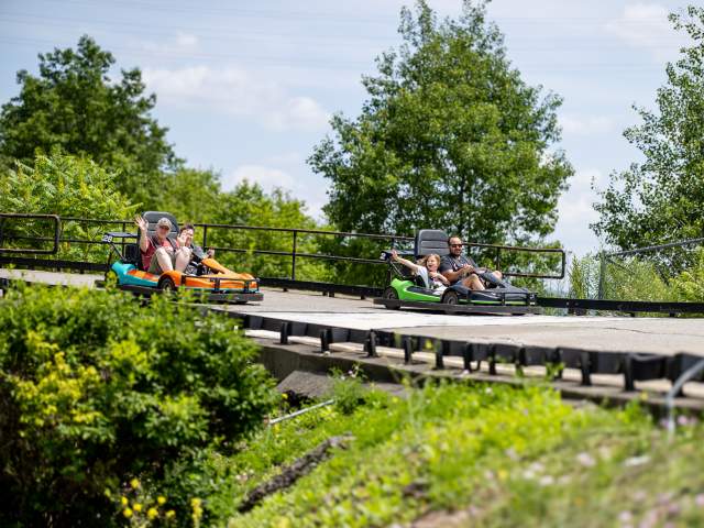 A group of people riding the go karts at Lahey Family Fun Park in Clarks Summit, PA
