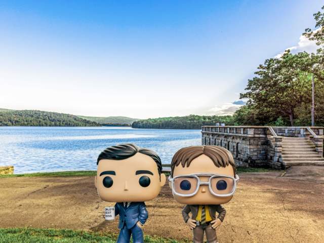Michael Scott and Dwight Schrute Funko Pops at Lake Scranton