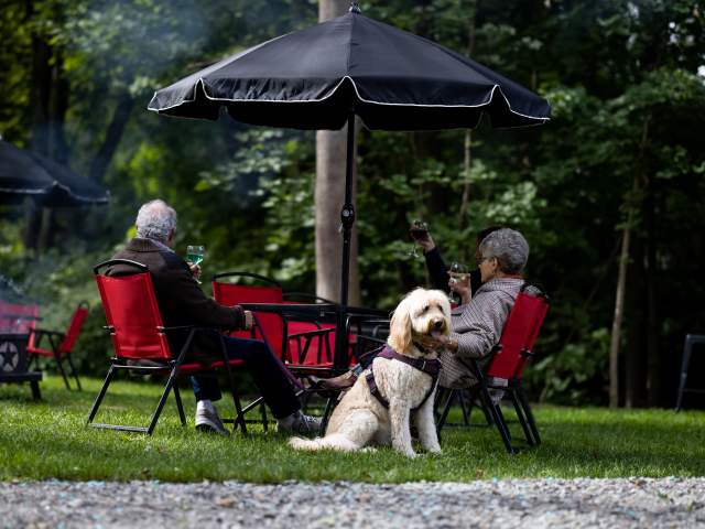 A group of people sitting outside at RiverView Winery in Jermyn, PA