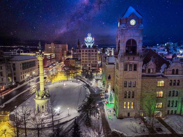 Holiday Lights during a winter night at Courthouse Square in downtown Scranton, Lackawanna County, PA.