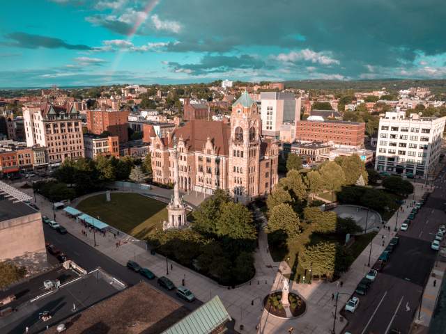 An aerial view of the Lackawanna County Courthouse Square in Downtown Scranton, PA