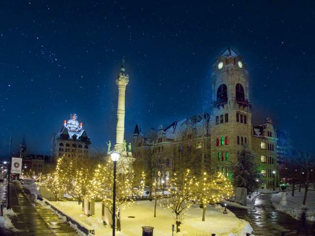 Holiday Lights during a winter night at Courthouse Square in downtown Scranton, Lackawanna County, PA.