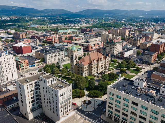 An aerial shot of Courthouse Square in Downtown Scranton, PA