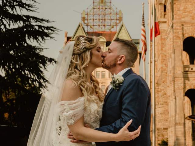 A wedding photoshoot of a married couple at Courthouse Square in Downtown Scranton, PA
