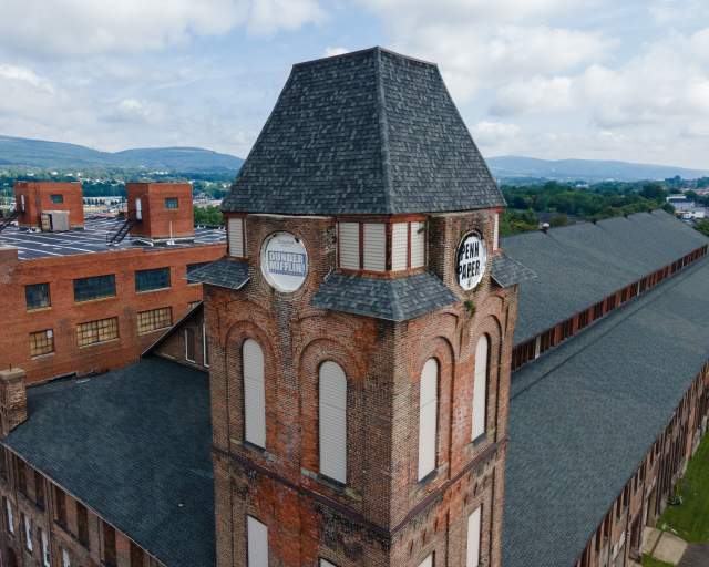 Dunder Mifflin signage on the Penn Paper tower in Scranton, PA