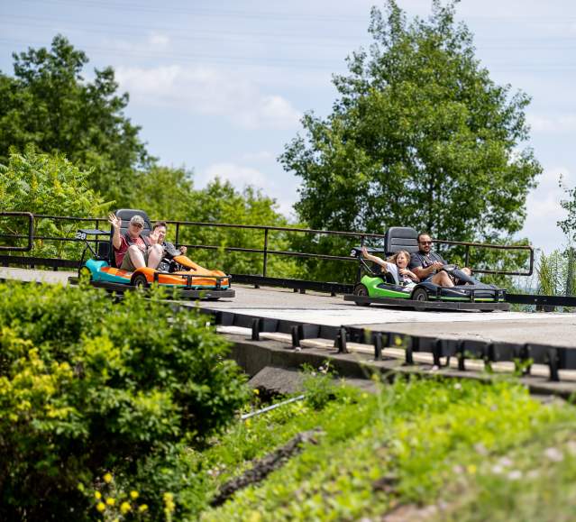 A group of people riding the go karts at Lahey Family Fun Park in Clarks Summit, PA