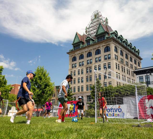 Kids playing soccer at the World Cup Fan Zone in Downtown Scranton, PA
