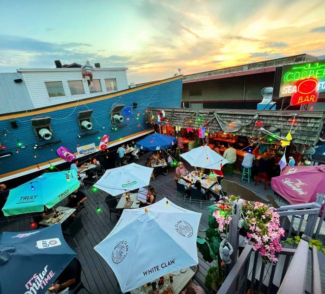 The outdoor dining deck at Cooper's Seafood House in Scranton, PA