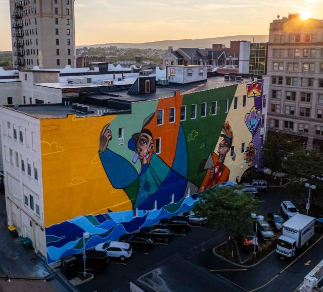 An aerial photo of the Remembrance and Continuance: The Lenape Story in Scranton mural in Downtown Scranton