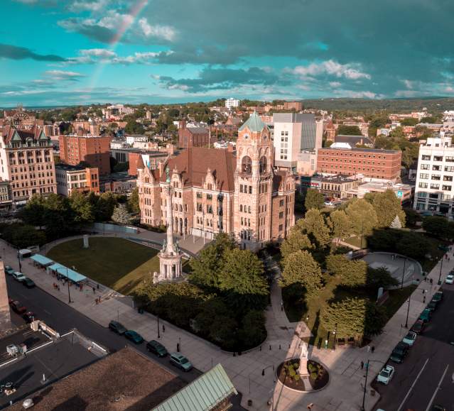 An aerial view of the Lackawanna County Courthouse Square in Downtown Scranton, PA