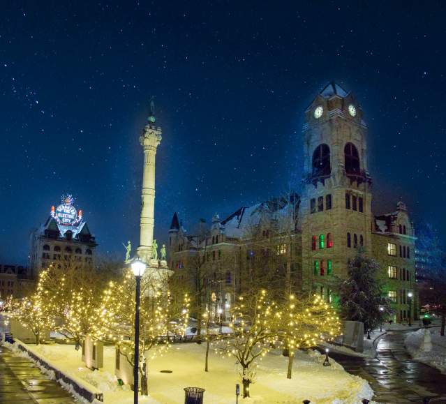 Holiday Lights during a winter night at Courthouse Square in downtown Scranton, Lackawanna County, PA.