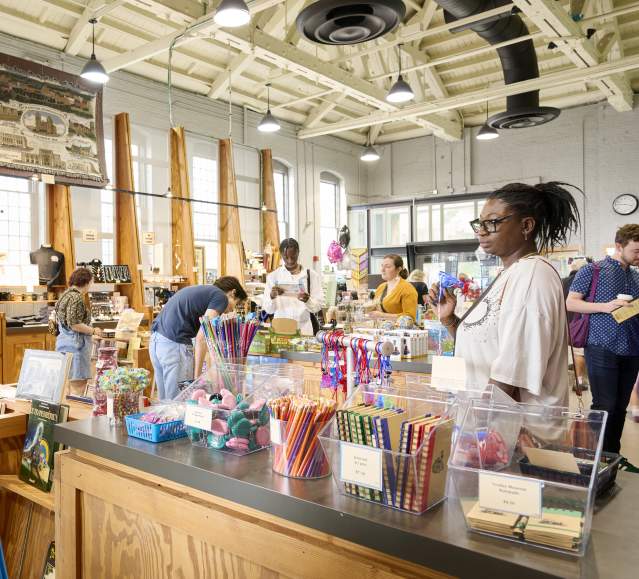 Visitors at the gift shop at the Electric City Trolley Station & Museum in Scranton, PA