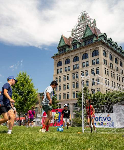 Kids playing soccer at the World Cup Fan Zone in Downtown Scranton, PA