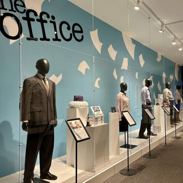Costumes and props from The Office on display at The Office Exhibition at the Everhart Museum in Scranton, PA
