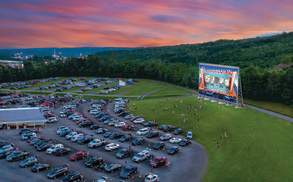 An aerial view of the Circle Drive-In Theater's parking lot and movie screen in Dickson City, PA