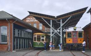 A group of people outside the Electric City Trolley Station & Museum in Downtown Scranton, PA