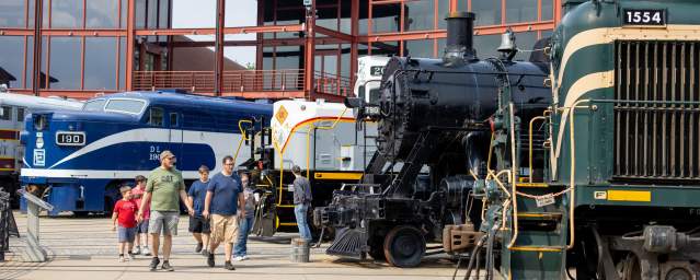 Attendees viewing trains on display at Railfest at the Steamtown National Historic Site in Downtown Scranton, PA