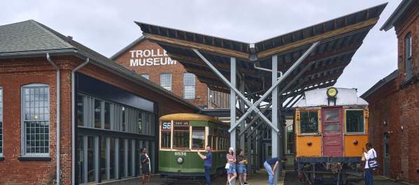 A group of people outside the Electric City Trolley Station & Museum in Downtown Scranton, PA