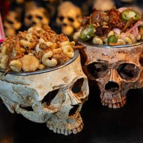 Macaroni and cheese in skull-shaped bowls at Noir Dark Spirits in downtown Scranton, PA