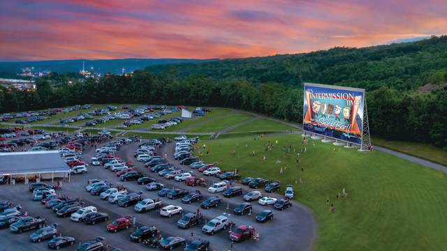 An aerial view of the Circle Drive-In Theater's parking lot and movie screen in Dickson City, PA