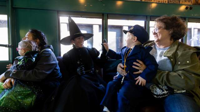 Guests riding the Magical Witch trolley at the Electric City Trolley Museum in Scranton, PA