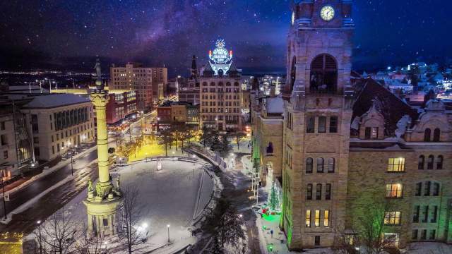 Holiday Lights during a winter night at Courthouse Square in downtown Scranton, Lackawanna County, PA.