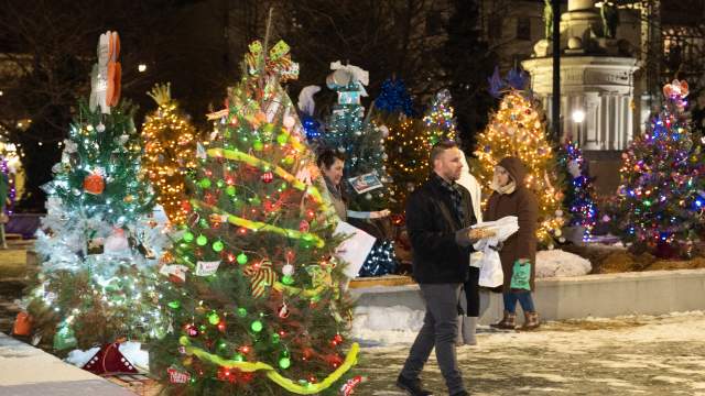 People viewing the decorated Christmas trees at the Festival of Trees display at the Lackawanna County Courthouse Square in downtown Scranton, PA