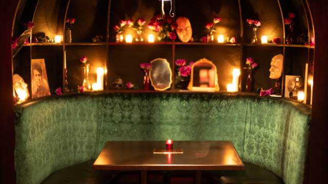 A gothic style dining booth at Noir Dark Spirits in Scranton, PA