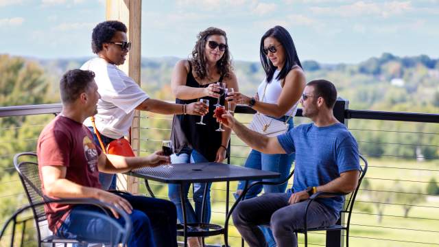People toasting wine glasses at Maiolatesi Wine Cellars in Scott Township, PA