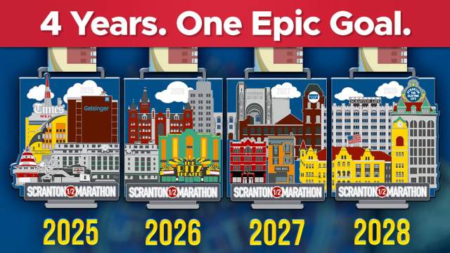 Scranton Half Marathon four-year medal series for 2025 through 2028, featuring four connecting medals with notable Scranton landmarks.