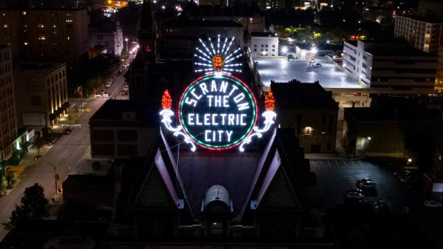 Electric City Sign at Lit Up at Night in Downtown Scranton, PA