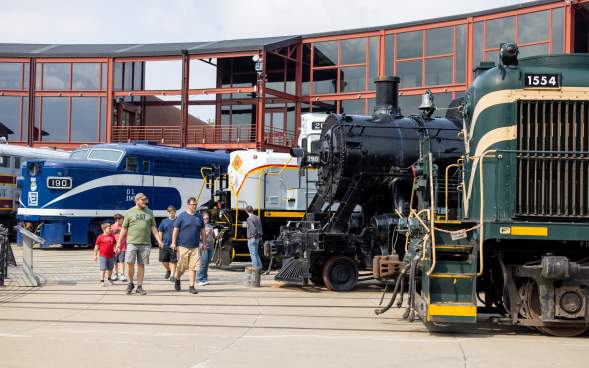 Attendees viewing trains on display at Railfest at the Steamtown National Historic Site in Downtown Scranton, PA
